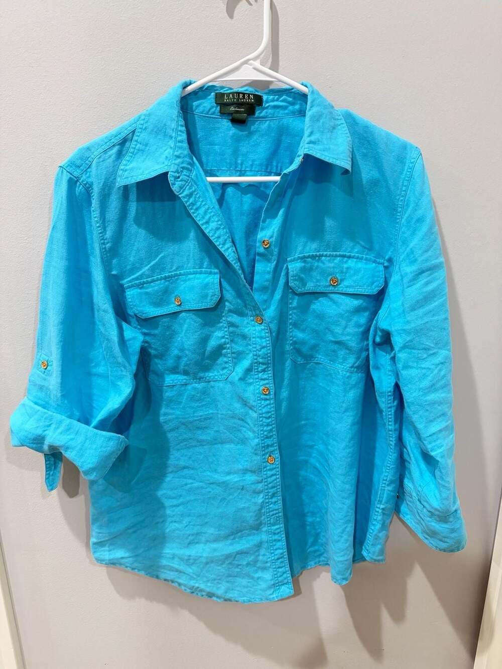 Women’s Ralph Lauren Linen Roll-Tab Sleeve classic Button Down Shirt size L